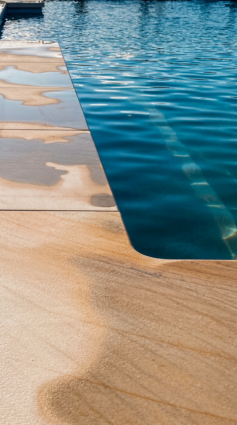 Sandstone coping meeting rippling pool water
