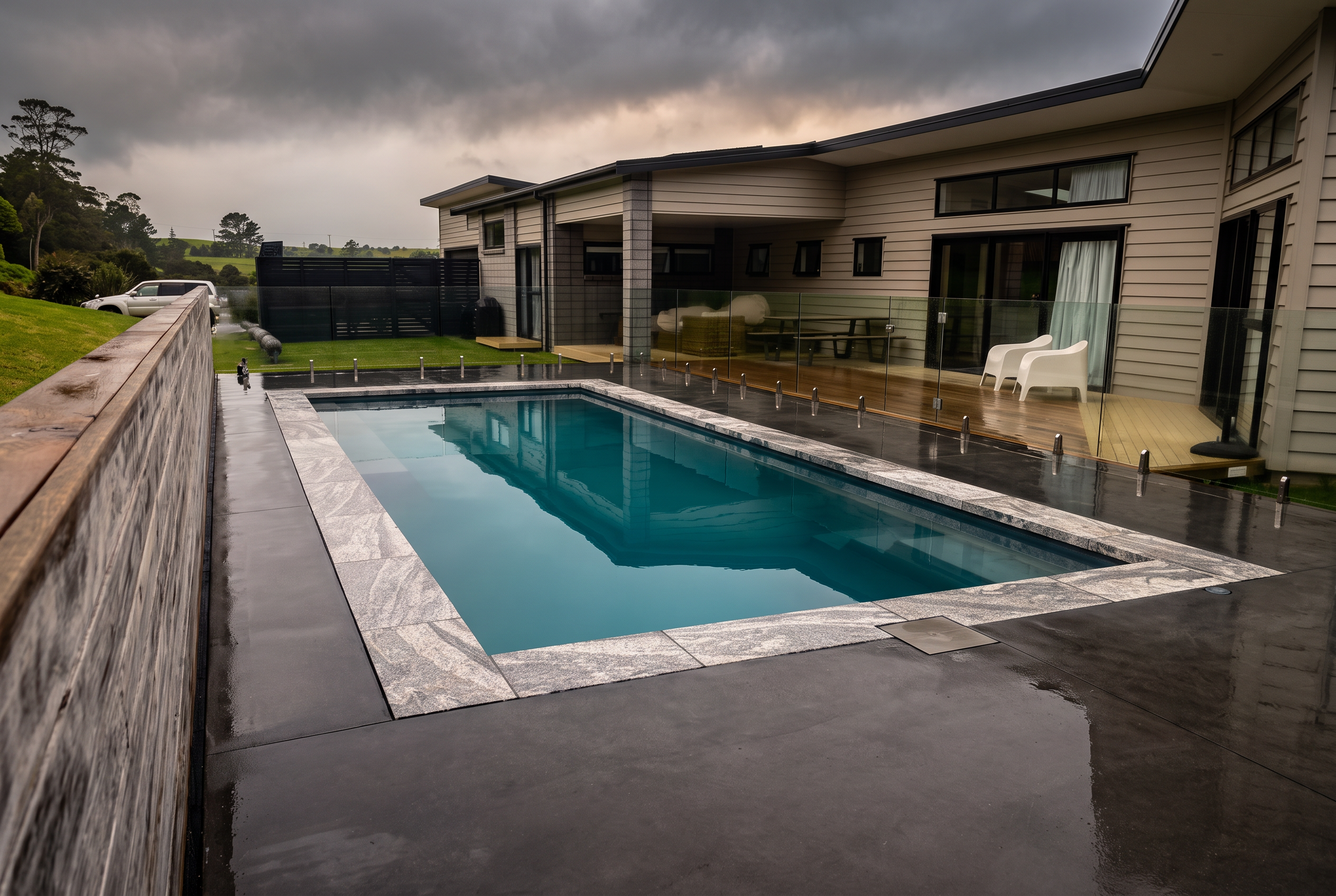 Pool with granite coping and honed concrete surround under a moody sky