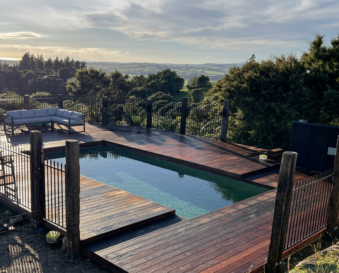 Pool with hardwood decking overlooking a Northland valley