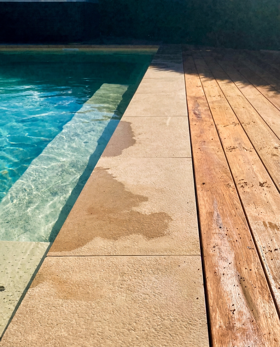 Sandstone pool edge running alongside hardwood decking
