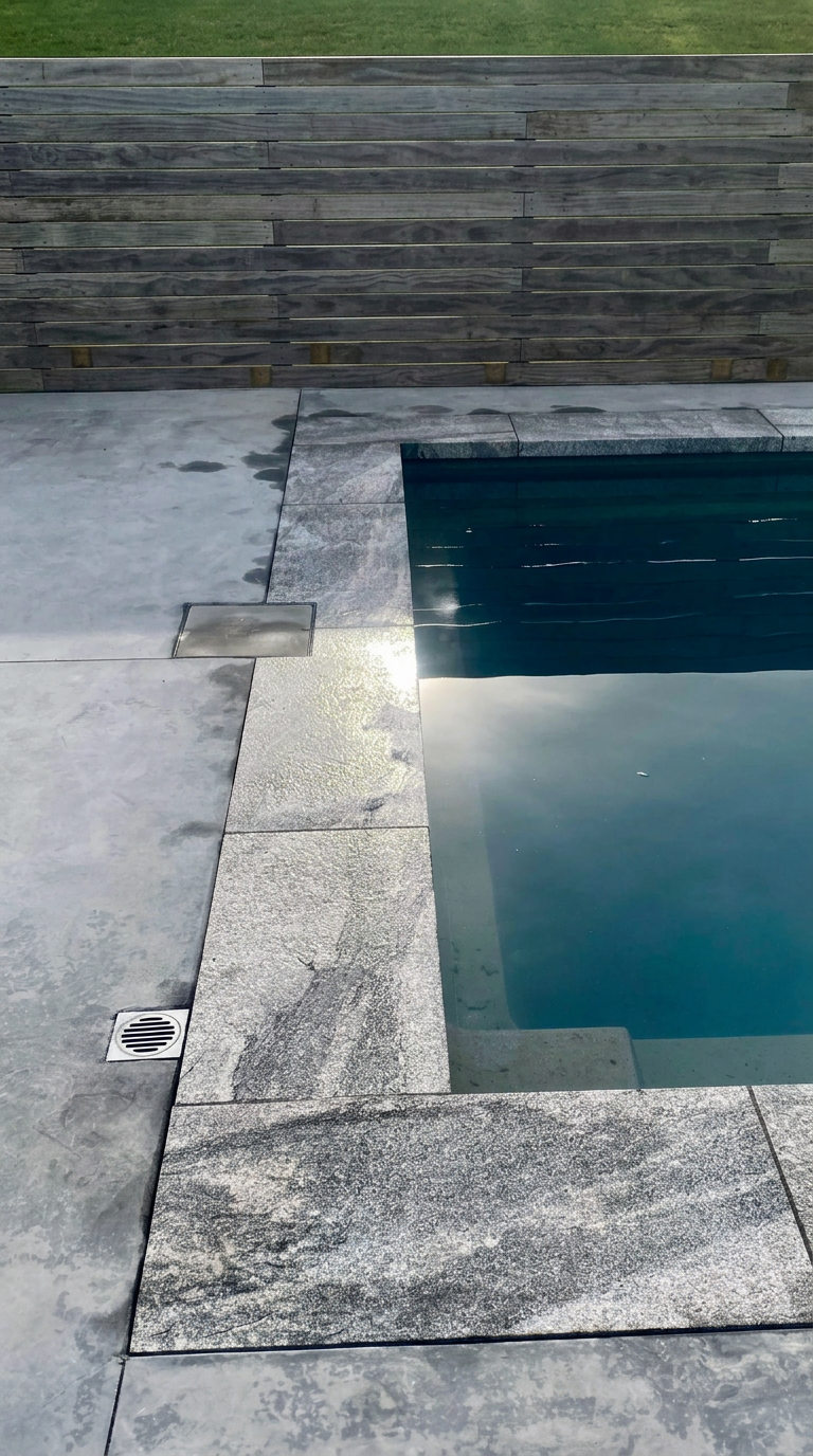 Granite coping and honed concrete meeting still water, precision stonework