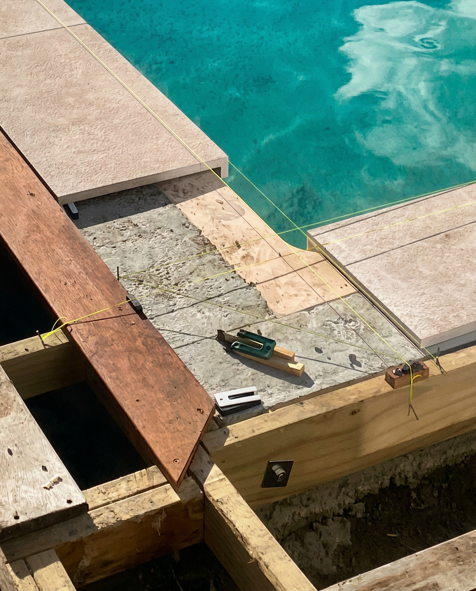 Stringline and level set over deck framing beside the pool