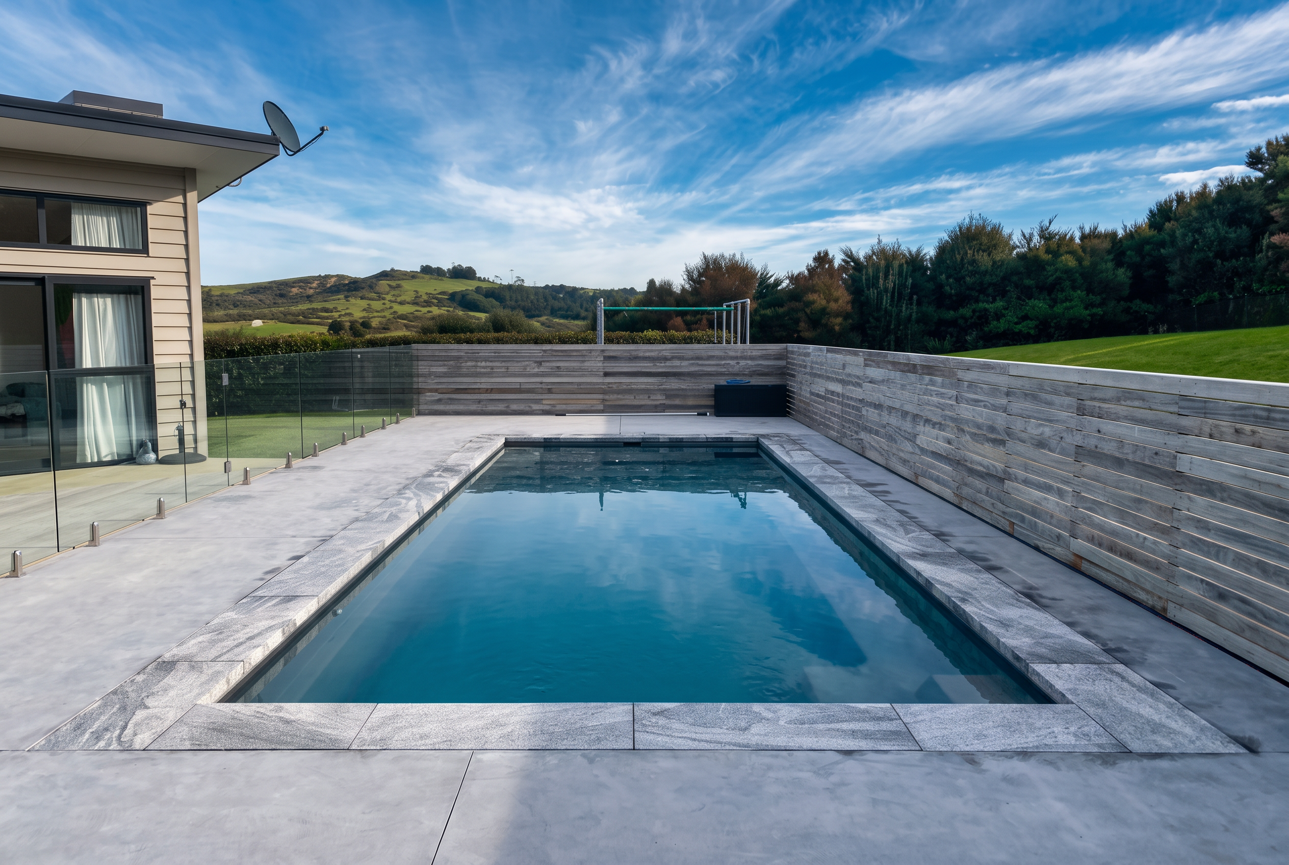 Lap pool with granite coping and concrete surround
